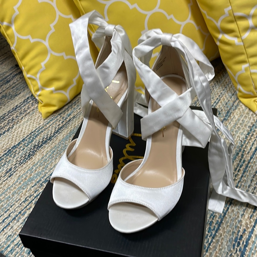 Satin White platform heels